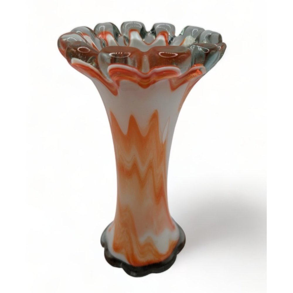 Vtg MCM Italian Cased Orange White Swirled Art Glass Vase Swung 7"